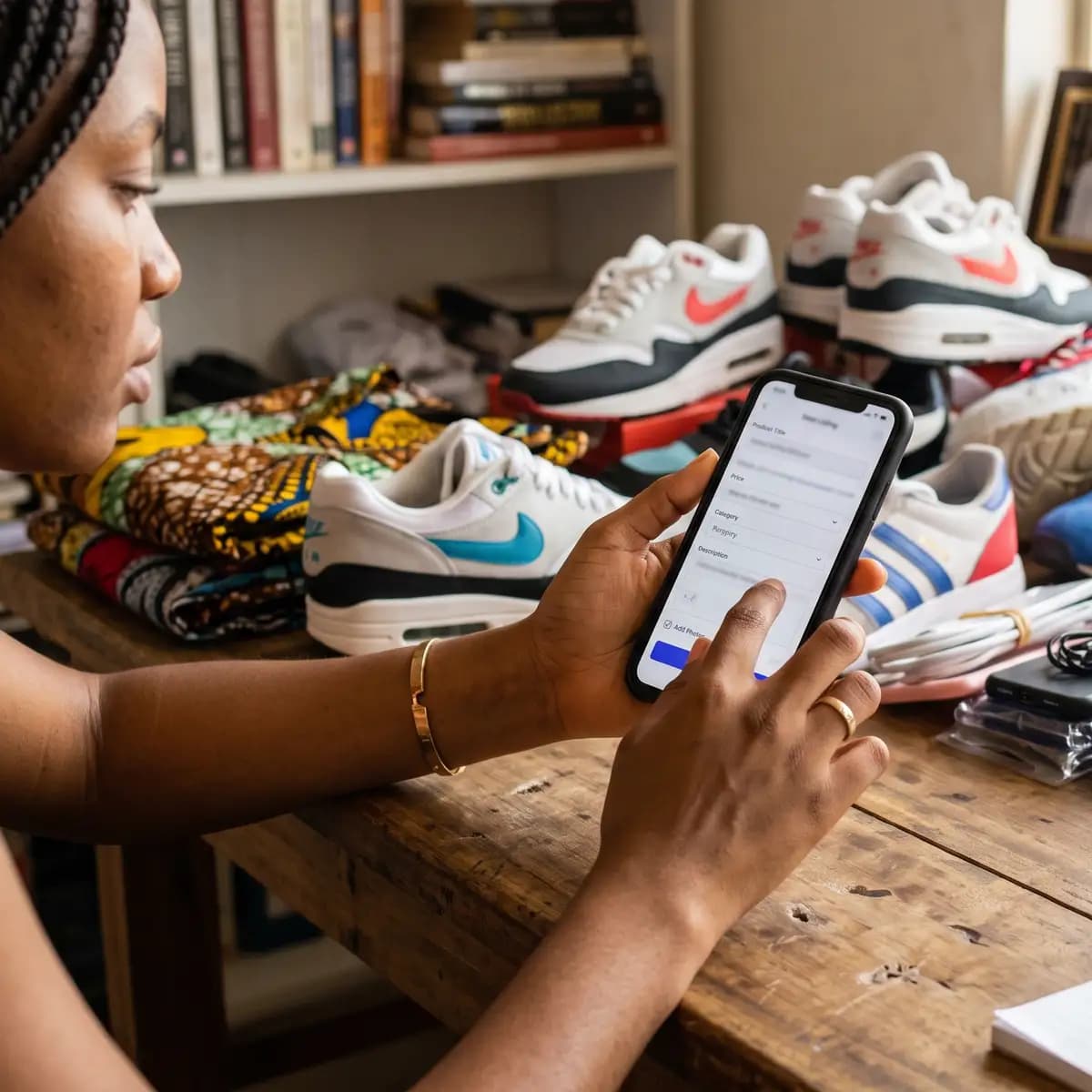 Une vendeuse remplit la fiche de son article sur son téléphone, ses affaires étalées devant elle.