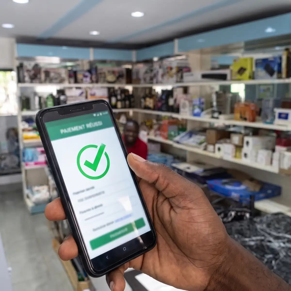 Un téléphone affiche la confirmation « Paiement réussi » avec une coche verte.