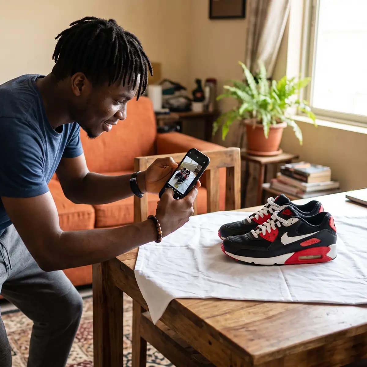 Un vendeur photographie une paire de baskets posée sur un tissu blanc, près d’une fenêtre.
